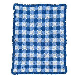 Handmade Small Crochet Lap Throw Afghan Blanket Blue White 34 x44 in Gingham